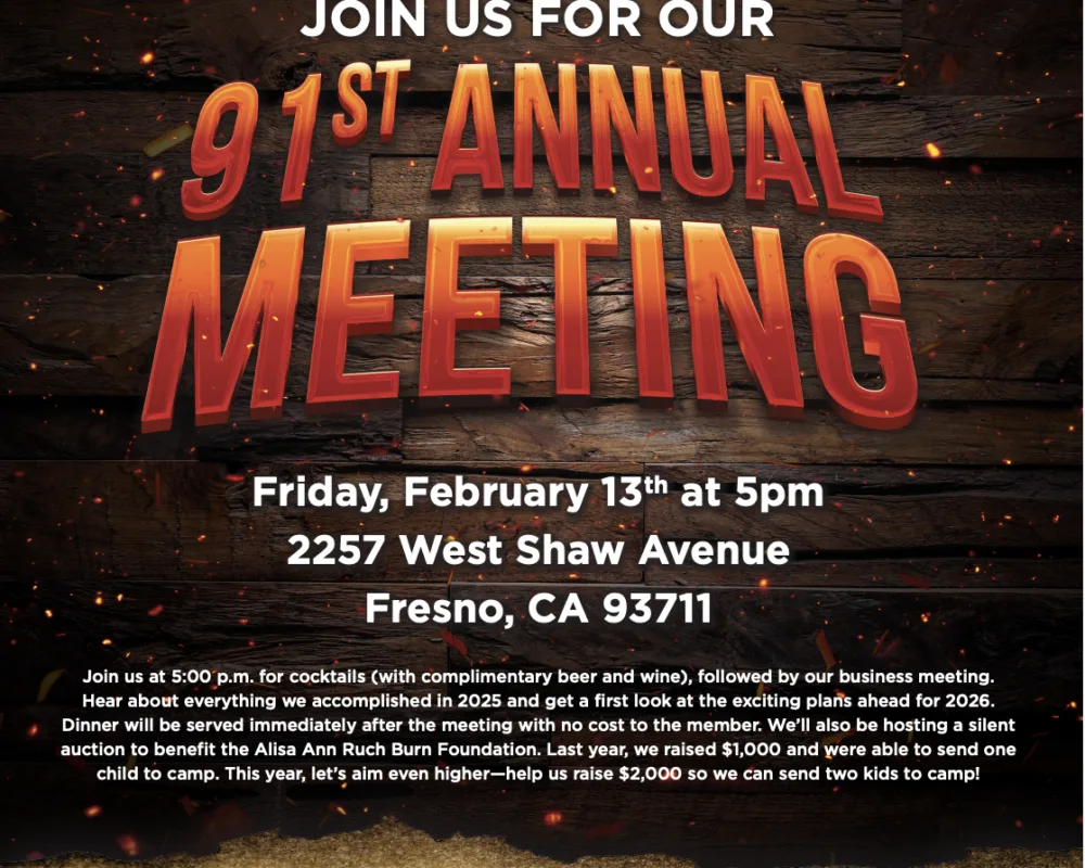 Newsletter cover for Central Valley Firefighters Credit Union's 91st Annual Meeting on Friday, February 13th at 5pm in Fresno, CA. Features bold red and orange text on a dark wood background, with details of cocktails, dinner, a silent auction, and a call for RSVPs by February 6th. Inviting and celebratory tone