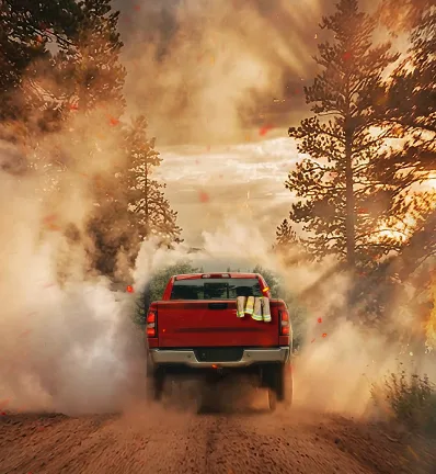 A red pickup truck speeds down a dirt road, kicking up dust amidst tall trees. Sunlight filters through the dust, creating a dramatic, adventurous scene.